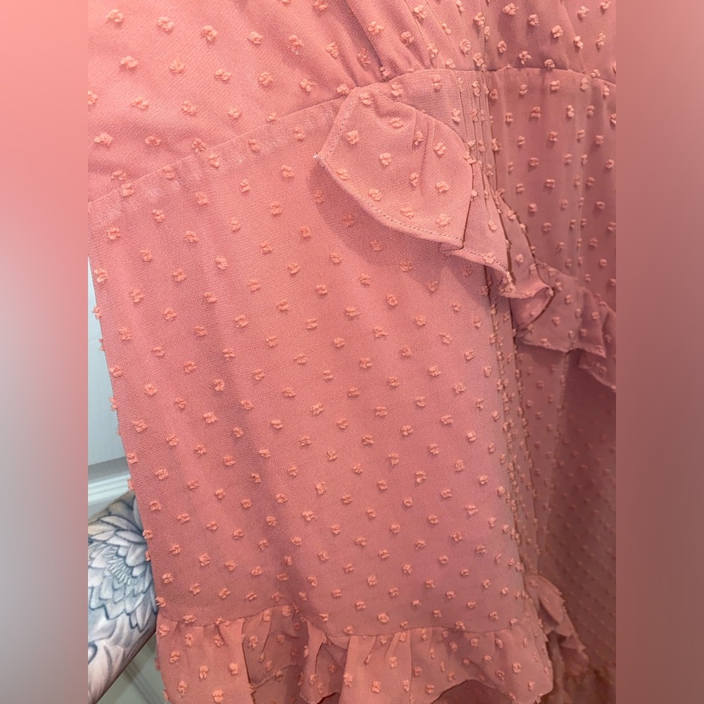 Lulus pink/coral ruffle a-line midi dress in large - Picture 3 of 7